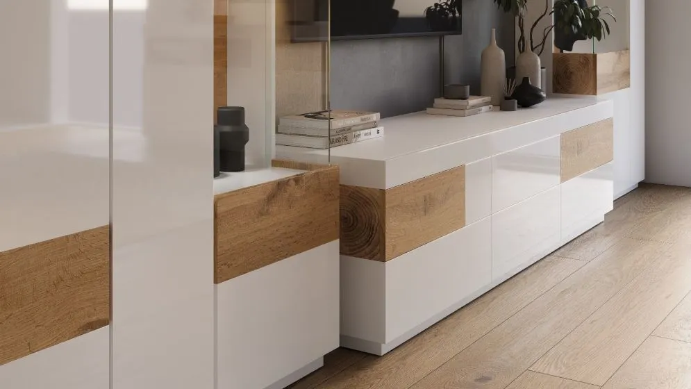 Witryna niska SILKE 3D 130cm biały połysk/dąb wotan szeroka I sklep meblowy MIRAT. styl SKANDYNAWSKI