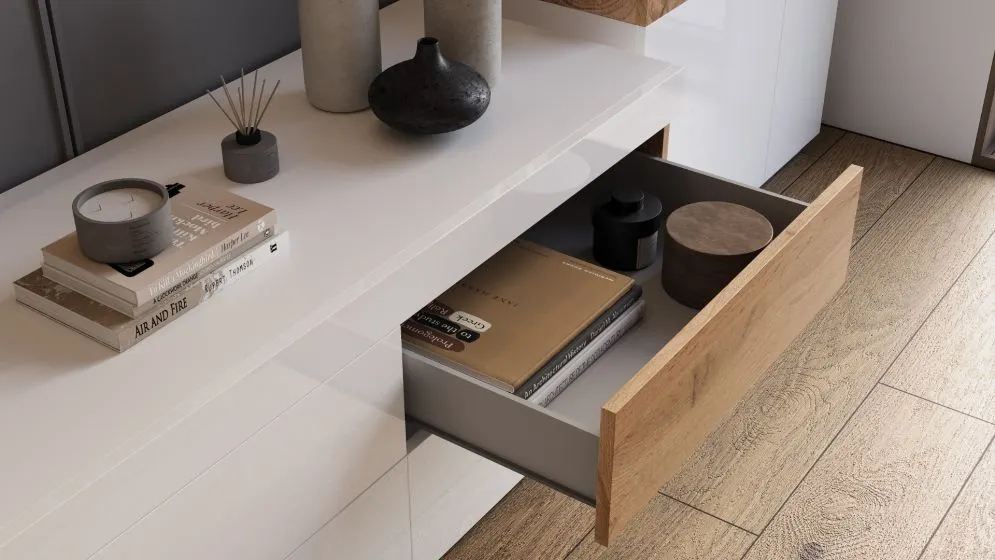 Szafka RTV SILKE 6S 206cm biały połysk/dąb wotan szeroka I sklep meblowy MIRAT. styl SKANDYNAWSKI