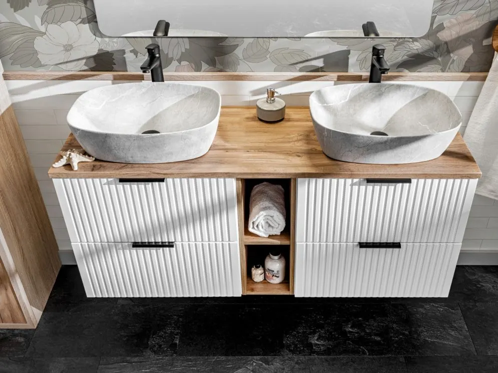 Wisząca szafka pod umywalkę nablatową ADEL WHITE 82 60cmx2 biała - zestaw 140 cm z regałem i blatem I sklep meblowy MIRAT. styl RYFLOWANY, SKANDYNAWSKI