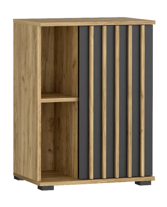 Komoda KALI 60 1D czarna/dąb craft z lamelami I sklep meblowy MIRAT. styl LOFT, RYFLOWANY