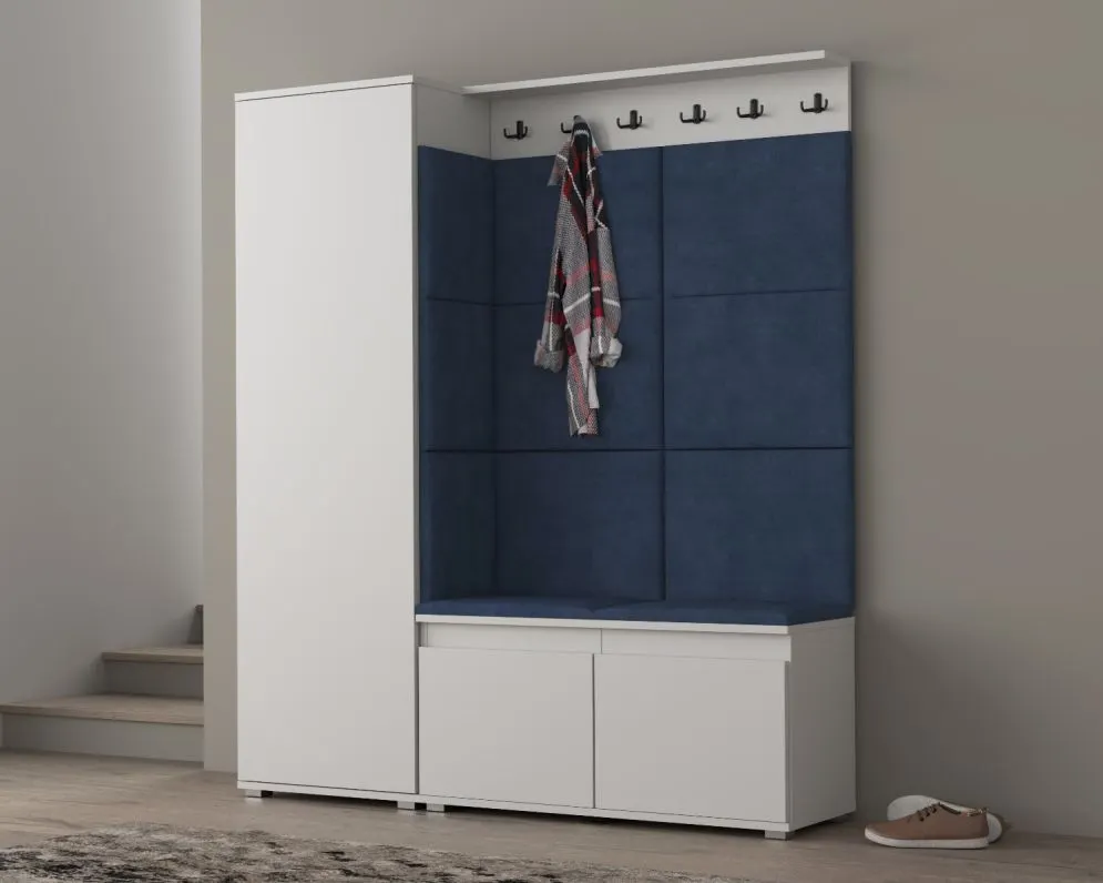 Garderoba z siedziskiem SINGAPUR 154 do przedpokoju biała/granatowa I sklep meblowy MIRAT. styl LOFT, SKANDYNAWSKI
