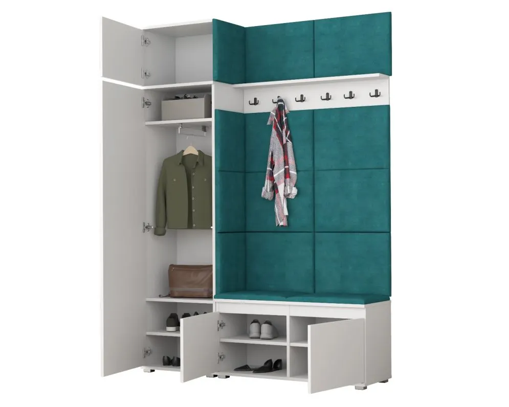 Garderoba z nadstawką i siedziskiem SINGAPUR 154 do przedpokoju biała/zielona I sklep meblowy MIRAT. styl LOFT, SKANDYNAWSKI