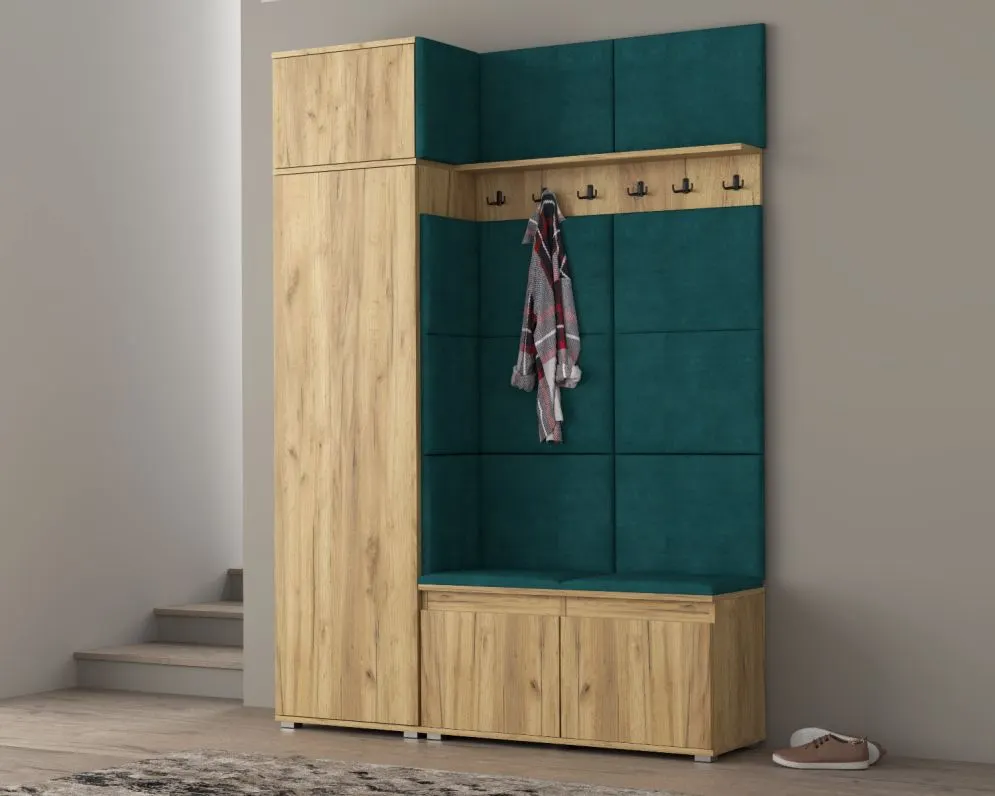 Garderoba z siedziskiem i nadstawką do przedpokoju SINGAPUR 154 dąb craft/zielony I sklep meblowy MIRAT. styl LOFT, SKANDYNAWSKI