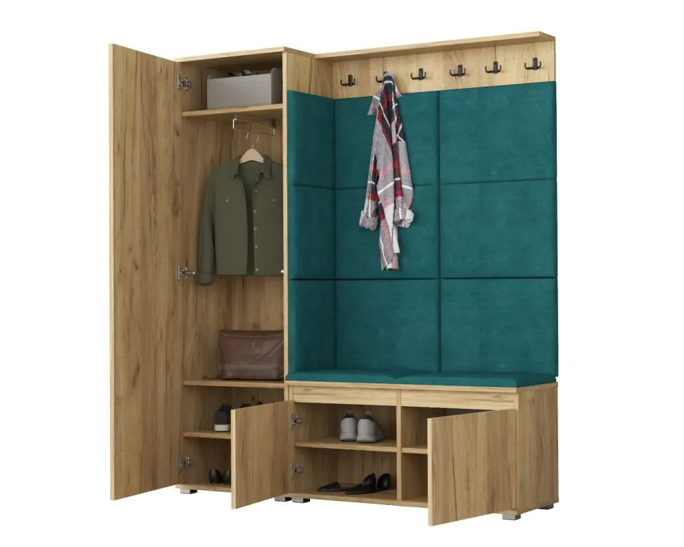 Garderoba z siedziskiem do przedpokoju SINGAPUR 154 dąb craft/zielona I sklep meblowy MIRAT. styl LOFT, SKANDYNAWSKI
