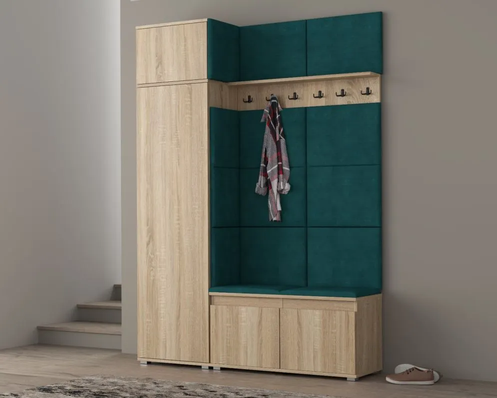 Garderoba z siedziskiem i nadstawką do przedpokoju SINGAPUR 154 dąb sonoma/zielony I sklep meblowy MIRAT. styl LOFT, SKANDYNAWSKI