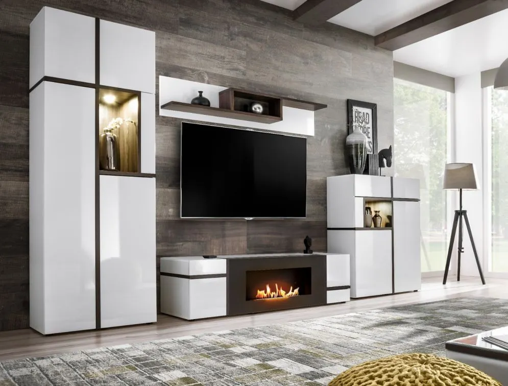 Meblościanka CROSS LED biała z biokominkiem nowoczesna I sklep meblowy MIRAT.  kolekcja CROSS ASM