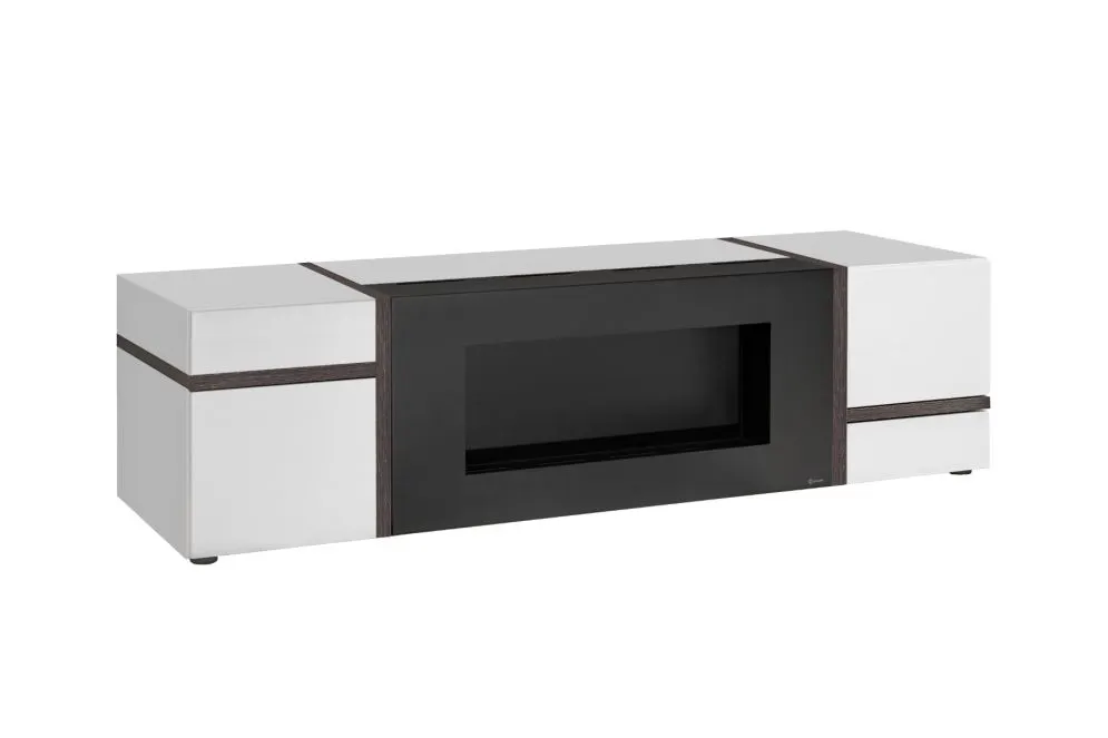 Szafka RTV CROSS 150 biała z biokominkiem dwudrzwiowa I sklep meblowy MIRAT. styl RYFLOWANY kolekcja CROSS ASM