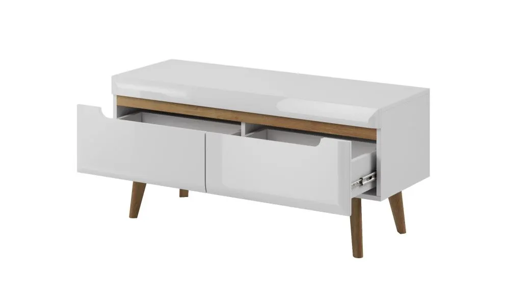 Szafka RTV EBBI 107 biały połysk drewniana do salonu | MIRAT. w stylu SKANDYNAWSKI kolekcja EBBI