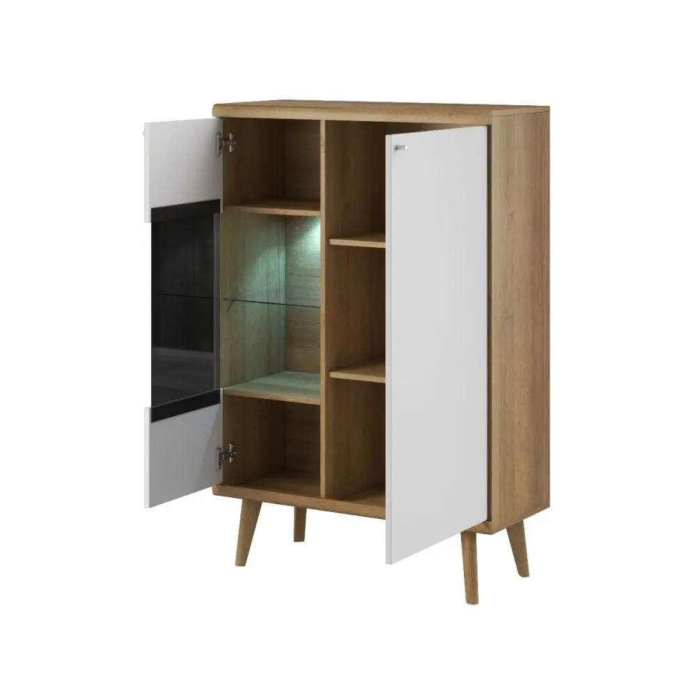 Witryna niska VIVIERA dąb/biała do salonu | MIRAT. w stylu SKANDYNAWSKI kolekcja VIVIERA