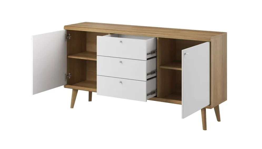 Komoda VIVIERA dąb/biała do salonu w stylu skandynawskim | MIRAT. w stylu SKANDYNAWSKI kolekcja VIVIERA