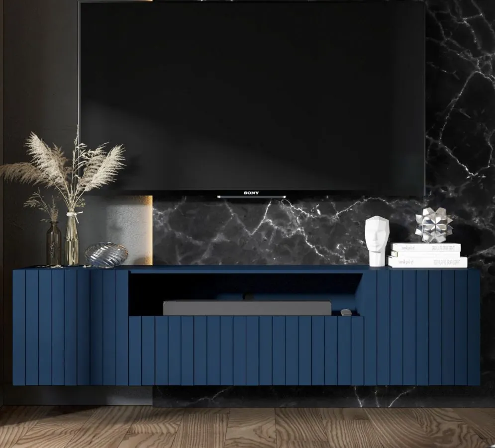 Szafka RTV TAL 2D1K 2 150cm wisząca granatowa mat do salonu I sklep meblowy MIRAT. styl GLAMOUR, LOFT, RYFLOWANY