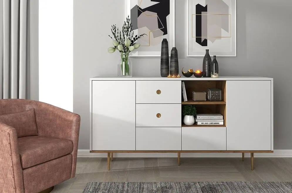 Komoda HARMONI biała z szufladami do salonu | MIRAT. styl GLAMOUR kolekcja HARMONI