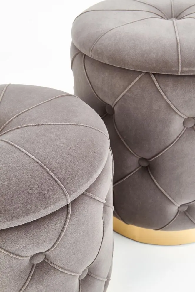Zestaw pufa POLLY VELVET szary pikowany na złotej podstawie | MIRAT. styl GLAMOUR