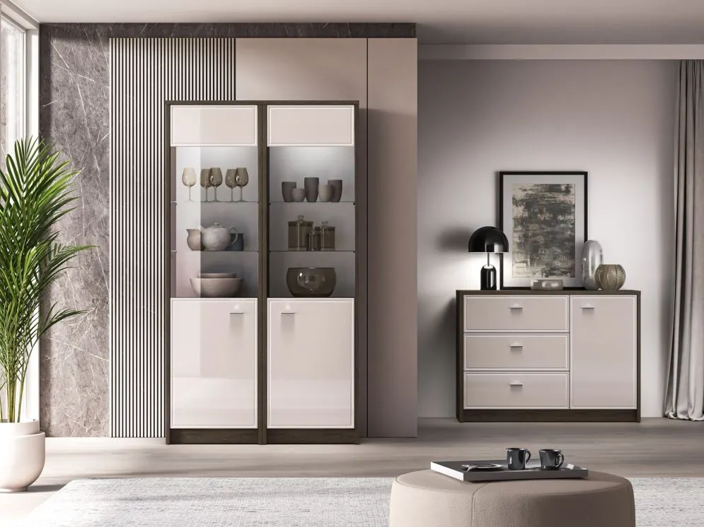 Witryna do salonu ALMA 1D L/P 55cm dąb windmill/kaszmirowa połysk I sklep meblowy MIRAT.  kolekcja ALMA