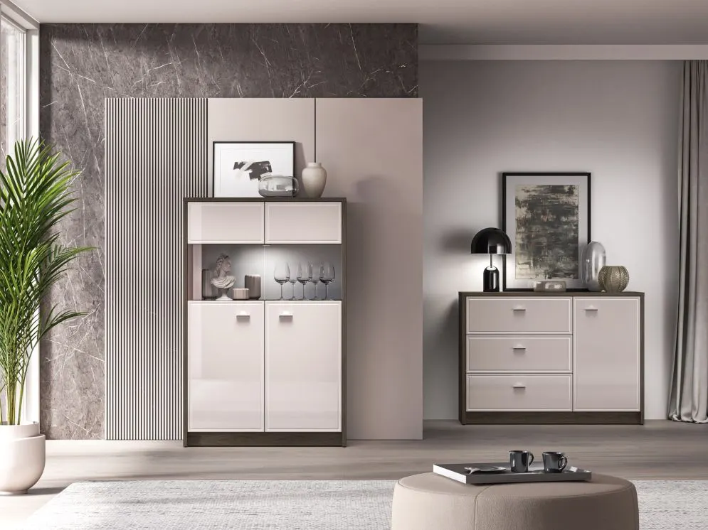 Witryna niska ALMA 2D 92cm dąb windmill/kaszmirowa połysk do salonu I sklep meblowy MIRAT.  kolekcja ALMA