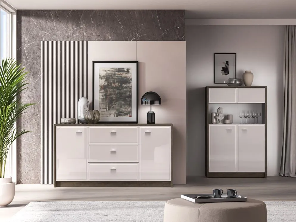 Komoda ALMA 2D3S 160cm dąb windmill/kaszmirowa połysk szeroka I sklep meblowy MIRAT. kolekcja ALMA