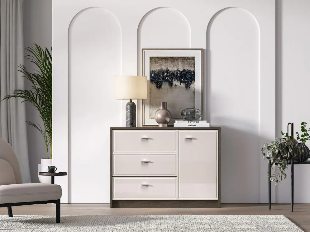 Komoda ALMA 1D3S 117cm dąb windmill/kaszmirowa połysk z szufladami I sklep meblowy MIRAT. kolekcja ALMA