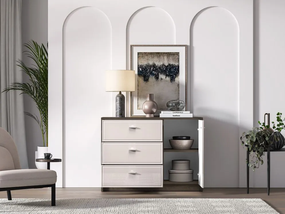 Komoda ALMA 1D3S 117cm dąb windmill/kaszmirowa połysk z szufladami I sklep meblowy MIRAT. kolekcja ALMA