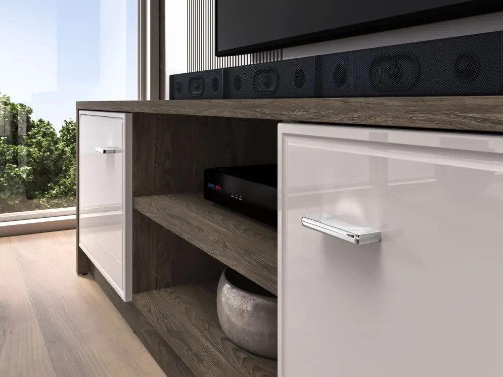 Szafka RTV ALMA 2D 160cm dąbwindmill/kaszmirowa połysk z półką I sklep meblowy MIRAT.  kolekcja ALMA