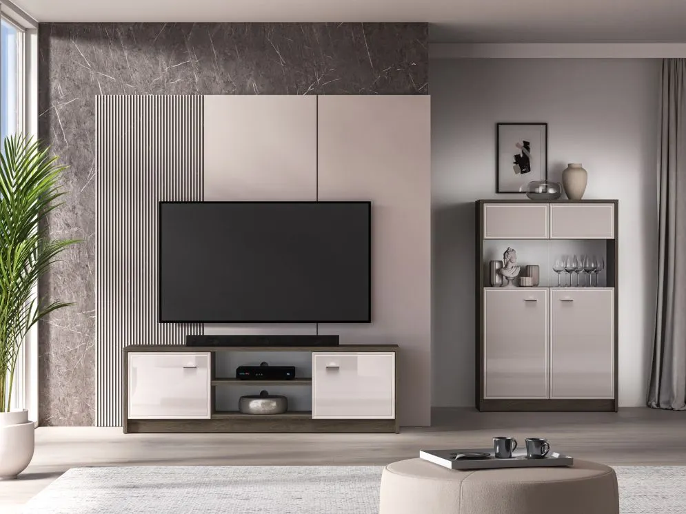 Szafka RTV ALMA 2D 160cm dąbwindmill/kaszmirowa połysk z półką I sklep meblowy MIRAT.  kolekcja ALMA