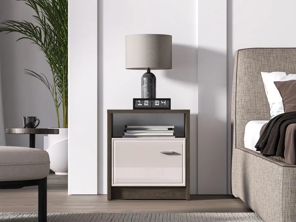 Szafka nocna ALMA 1D dąb windmill/kaszmirowa połysk z półką I sklep meblowy MIRAT. kolekcja ALMA