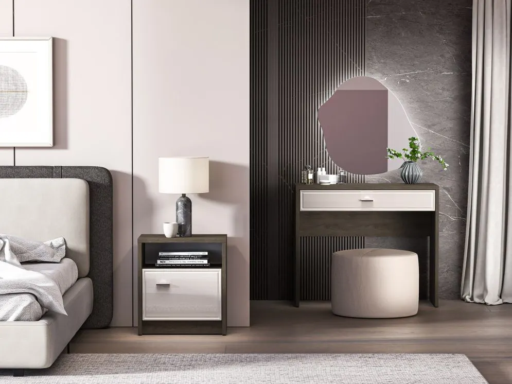 Szafka nocna ALMA 1D dąb windmill/kaszmirowa połysk z półką I sklep meblowy MIRAT. kolekcja ALMA