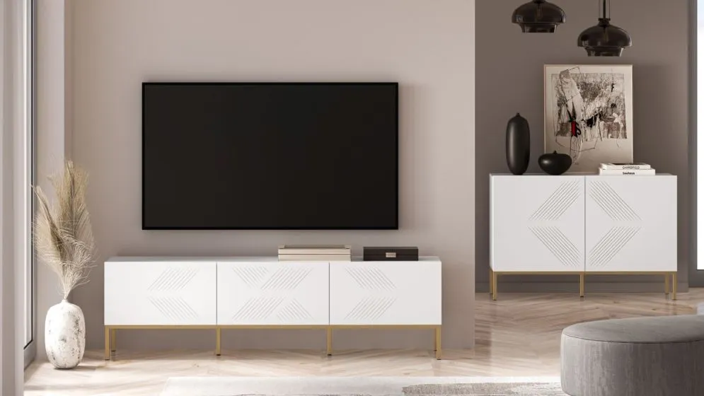 Szafka RTV KLARA biały mat z podstawą pod telewizor nowoczesna I sklep meblowy MIRAT. styl GLAMOUR kolekcja KLARA
