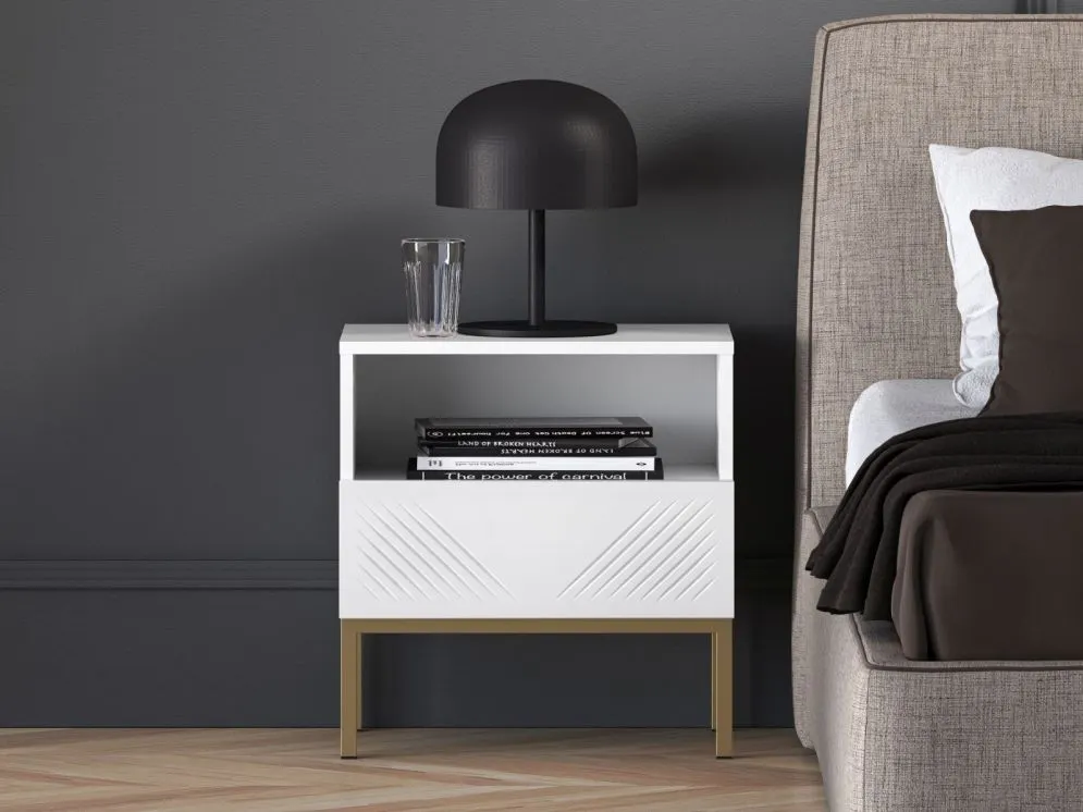 Szafka nocna KLARA biały mat z podstawą do sypialni I sklep meblowy MIRAT. styl GLAMOUR kolekcja KLARA