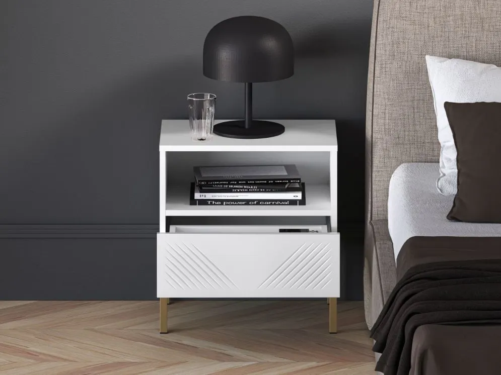 Szafka nocna KLARA biały mat z podstawą do sypialni I sklep meblowy MIRAT. styl GLAMOUR kolekcja KLARA