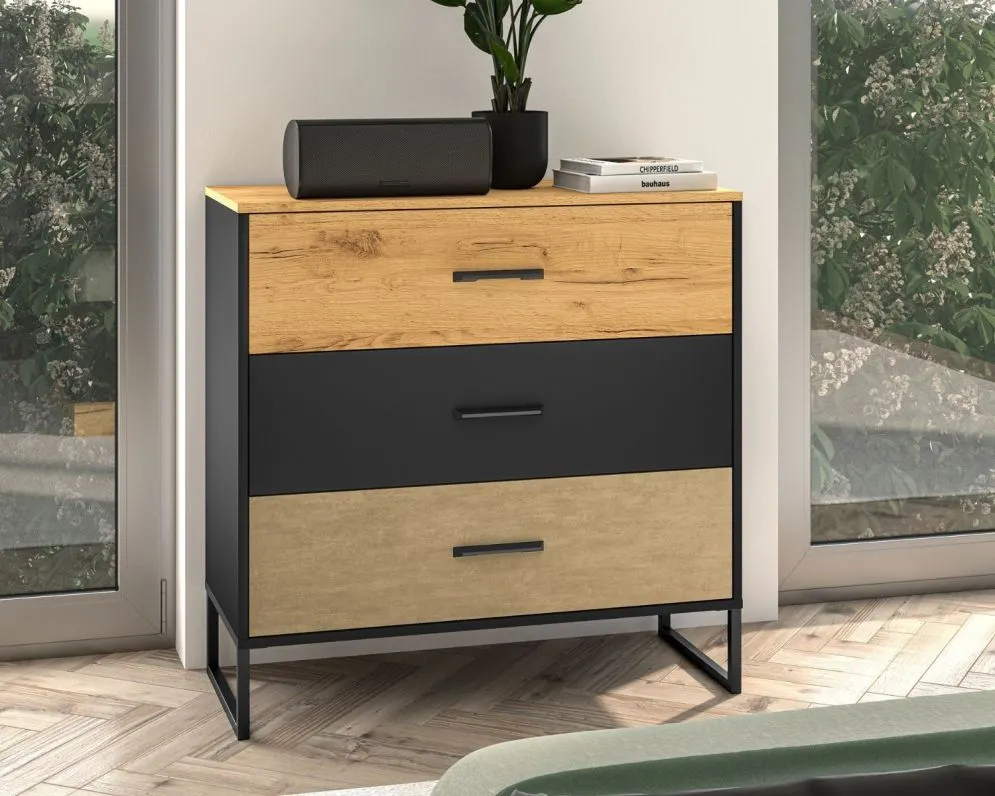 Komoda COLT 05 3S 90 dąb złoty craft/czarna I sklep meblowy MIRAT. styl LOFT kolekcja COLT