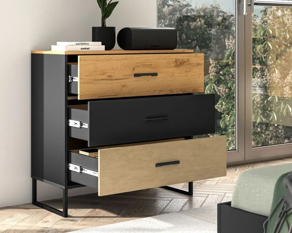 Komoda COLT 05 3S 90 dąb złoty craft/czarna I sklep meblowy MIRAT. styl LOFT kolekcja COLT