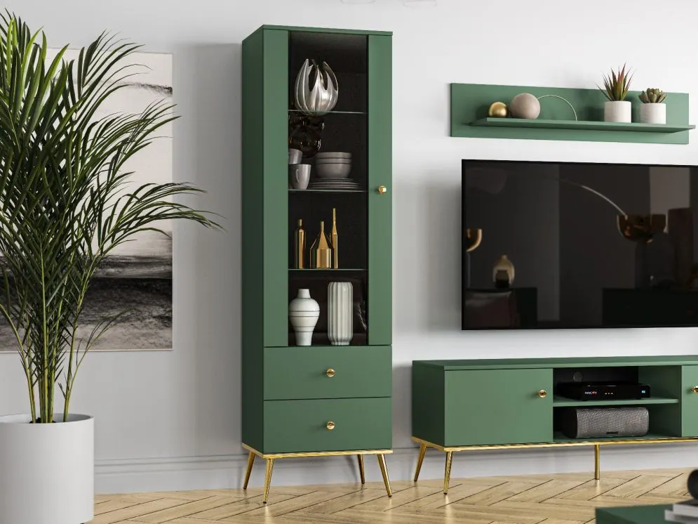 Witryna wysoka GRIN zielona ze szklanymi półkami do salonu I sklep meblowy MIRAT. kolekcja GRIN