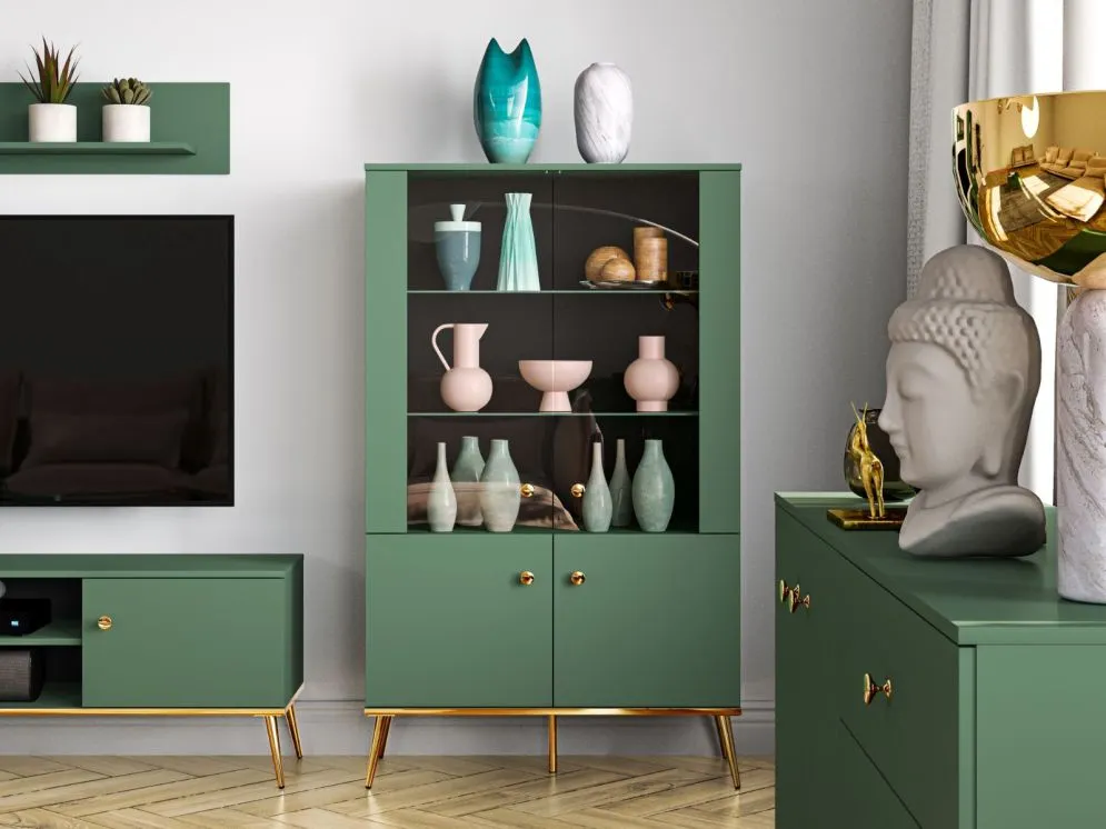 Witryna niska GRIN zielona do salonu polskiej produkcji I sklep meblowy MIRAT. styl GLAMOUR