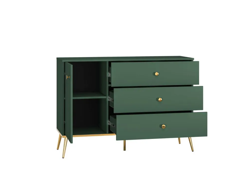 Komoda GRIN 1D3S zielona z szufladami z pełnym wysuwem I sklep meblowy MIRAT. styl GLAMOUR kolekcja GRIN