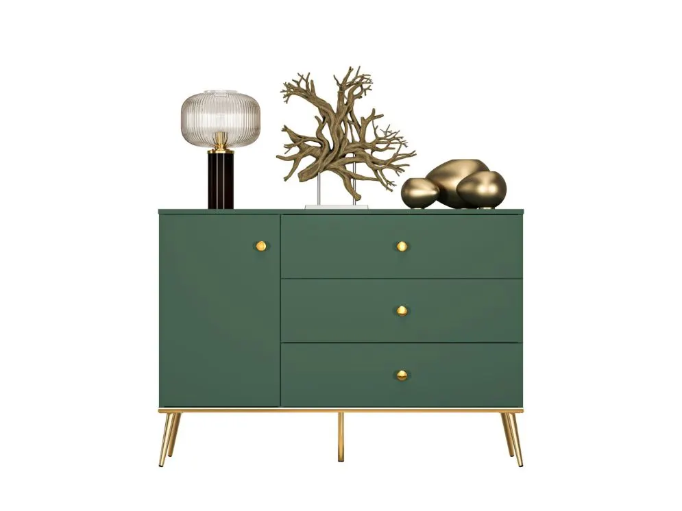 Komoda GRIN 1D3S zielona z szufladami z pełnym wysuwem I sklep meblowy MIRAT. styl GLAMOUR kolekcja GRIN