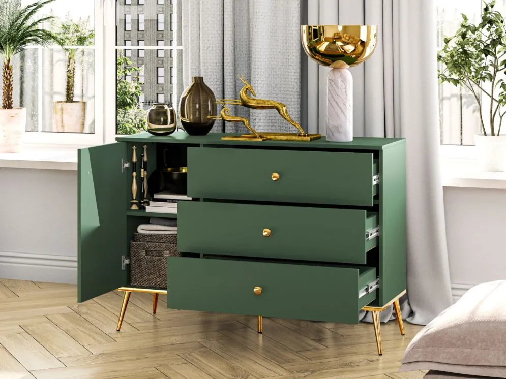 Komoda GRIN 1D3S zielona z szufladami z pełnym wysuwem I sklep meblowy MIRAT. styl GLAMOUR kolekcja GRIN