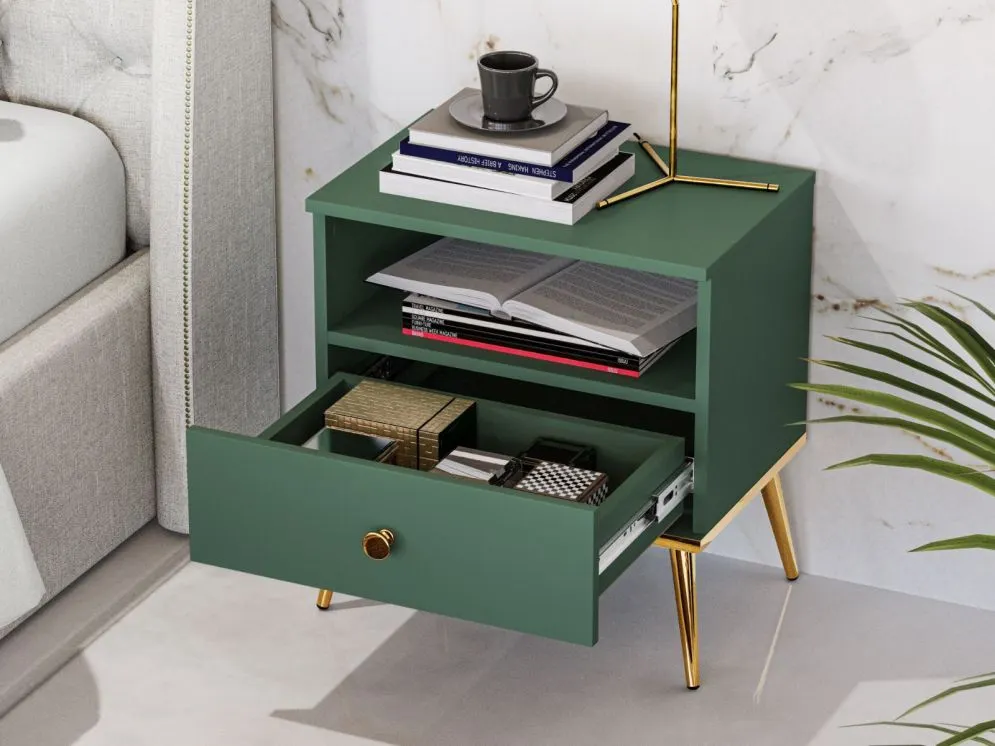 Szafka nocna GRIN 1S zielona do sypialni w stylu glamour I sklep meblowy MIRAT. styl GLAMOUR kolekcja GRIN