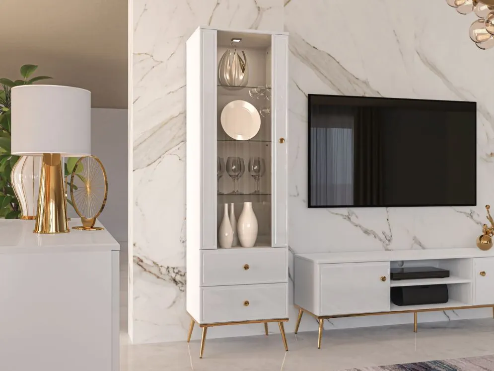 Witryna wysoka GALENA biały połysk z podświetleniem z cichym domykiem I sklep meblowy MIRAT. styl GLAMOUR kolekcja GALENA