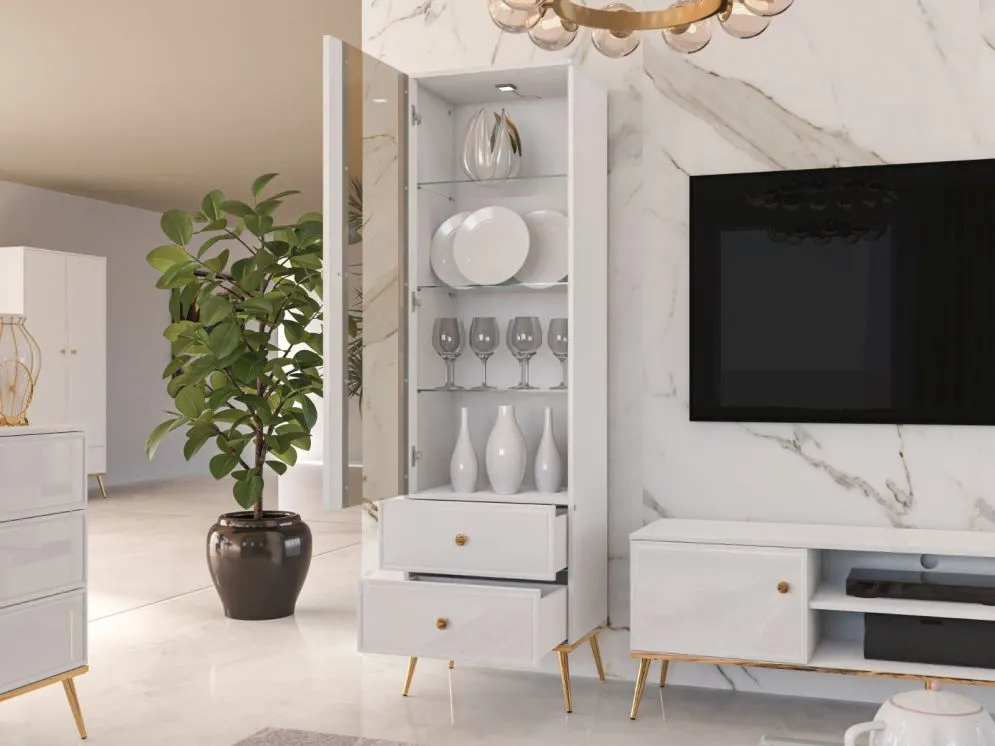 Witryna wysoka GALENA biały połysk z podświetleniem z cichym domykiem I sklep meblowy MIRAT. styl GLAMOUR kolekcja GALENA