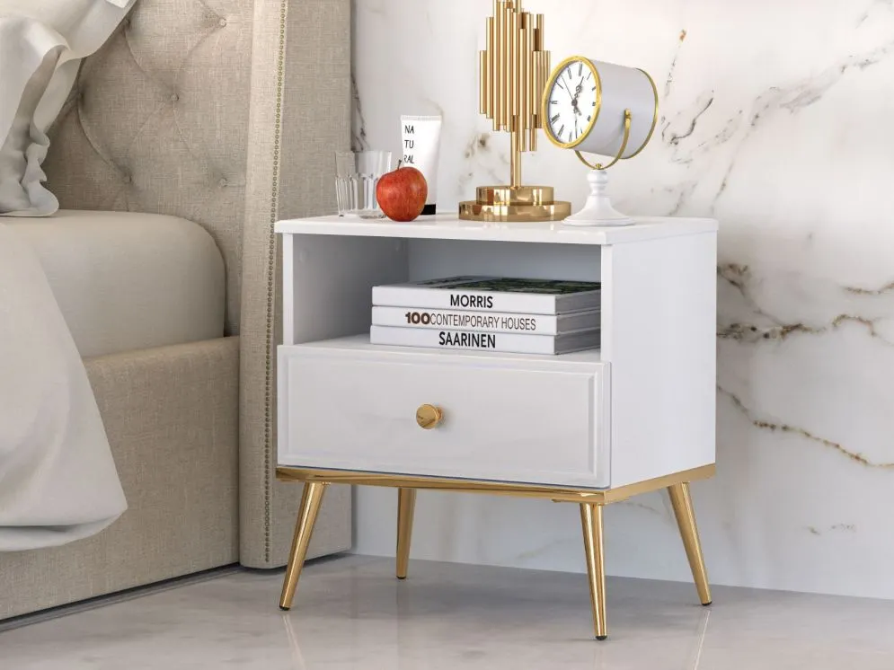 Szafka nocna GALENA biały połysk w stylu glamour do sypialni I sklep meblowy MIRAT. styl GLAMOUR kolekcja GALENA
