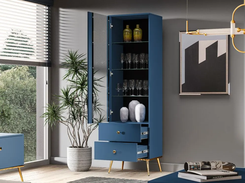 Witryna wysoka BLU granatowa z opcją podświetlenia LED I sklep meblowy MIRAT. styl GLAMOUR