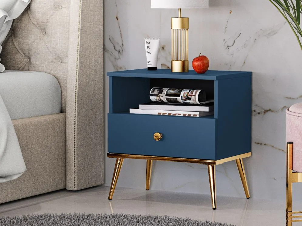 Szafka nocna BLU granatowa z szufladą do sypialni I sklep meblowy MIRAT. styl GLAMOUR kolekcja BLU
