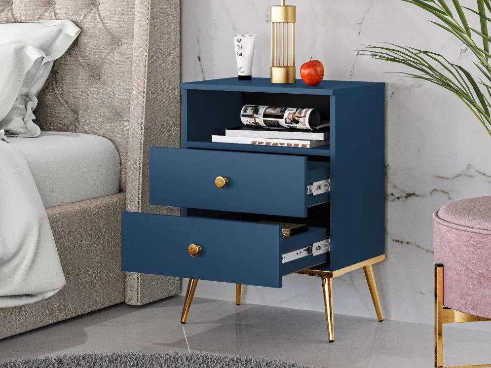 Szafka nocna BLU 2S granatowa dwuszufladowa I sklep meblowy MIRAT. styl GLAMOUR kolekcja BLU