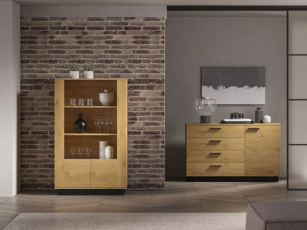 Witryna niska BRONX 2D 92cm dąb/czarna dwudrzwiowa I sklep meblowy MIRAT. styl SKANDYNAWSKI