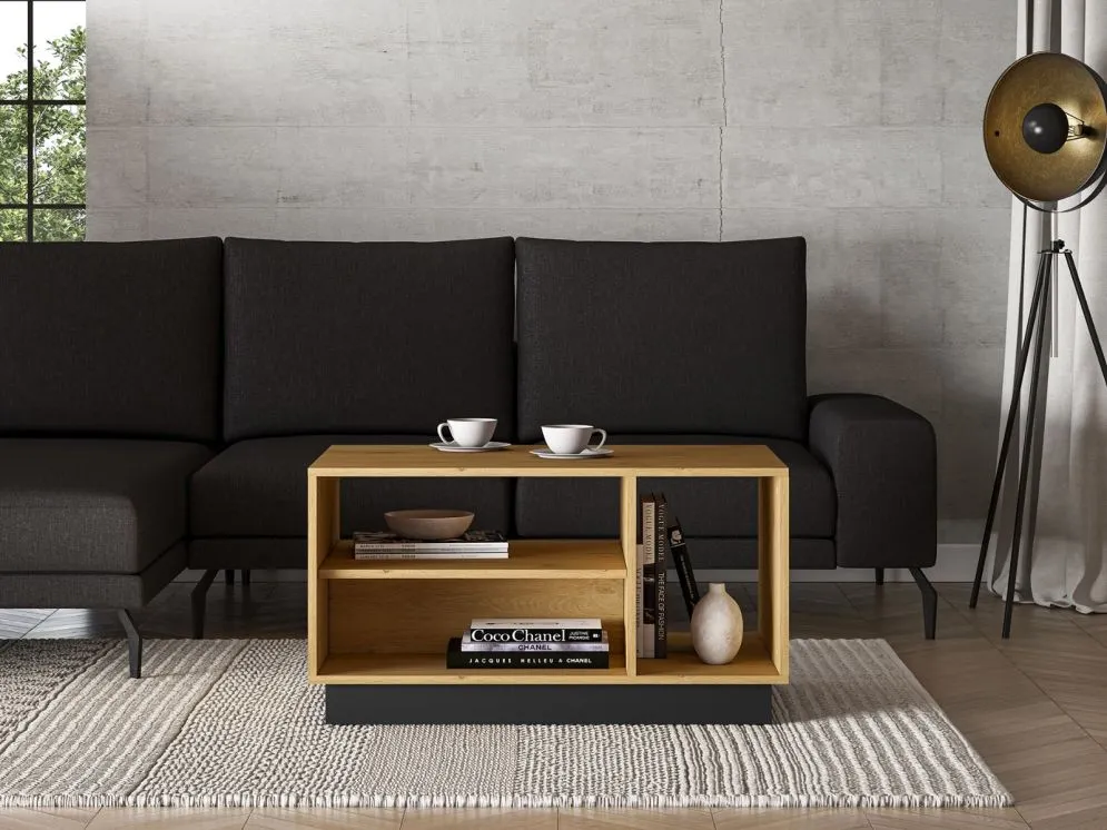 Stolik kawowy BRONX 90cm dąb/czarny z otwartymi półkami I sklep meblowy MIRAT. styl SKANDYNAWSKI kolekcja BRONX