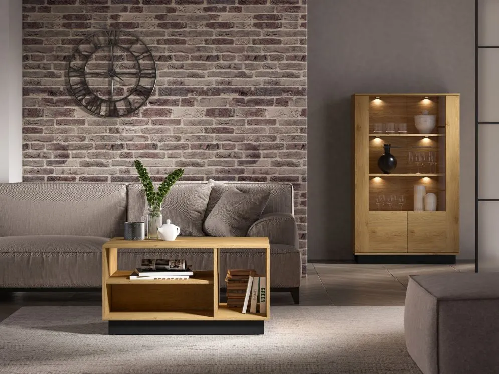 Stolik kawowy BRONX 90cm dąb/czarny z otwartymi półkami I sklep meblowy MIRAT. styl SKANDYNAWSKI kolekcja BRONX