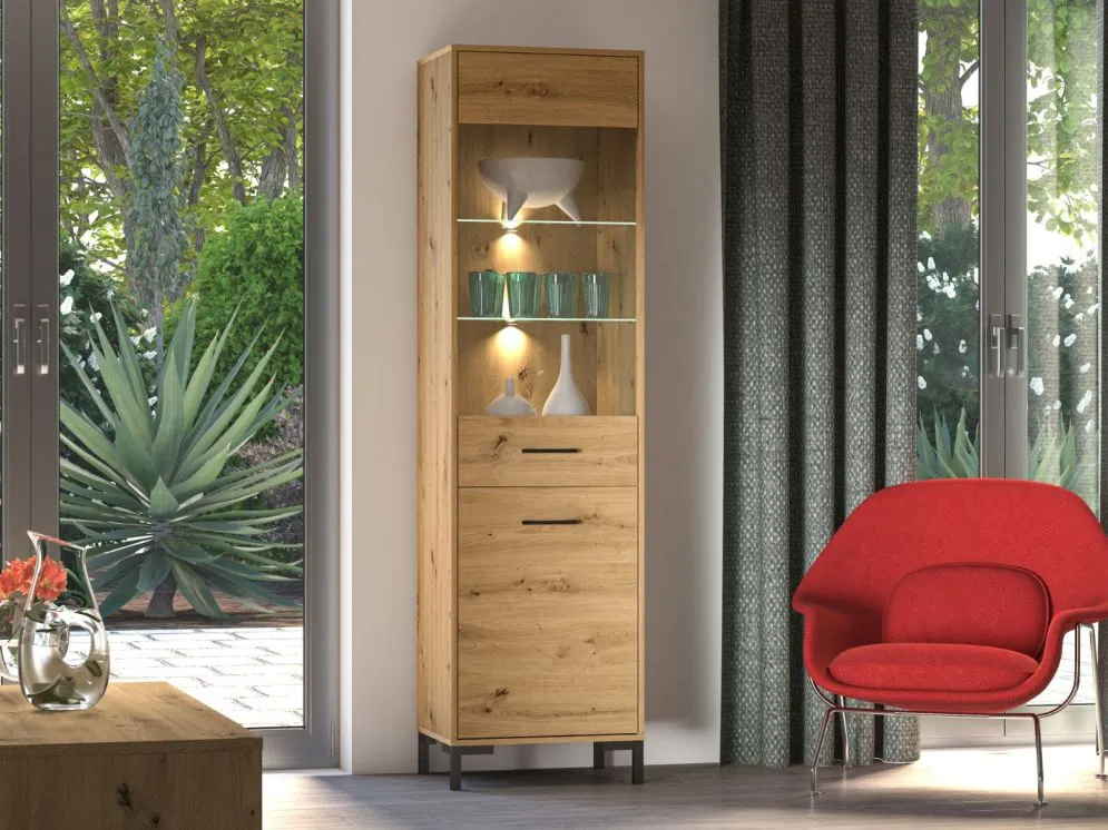 Witryna wysoka NIKOLA dąb artisan do salonu I sklep meblowy MIRAT. styl LOFT kolekcja NIKOLA