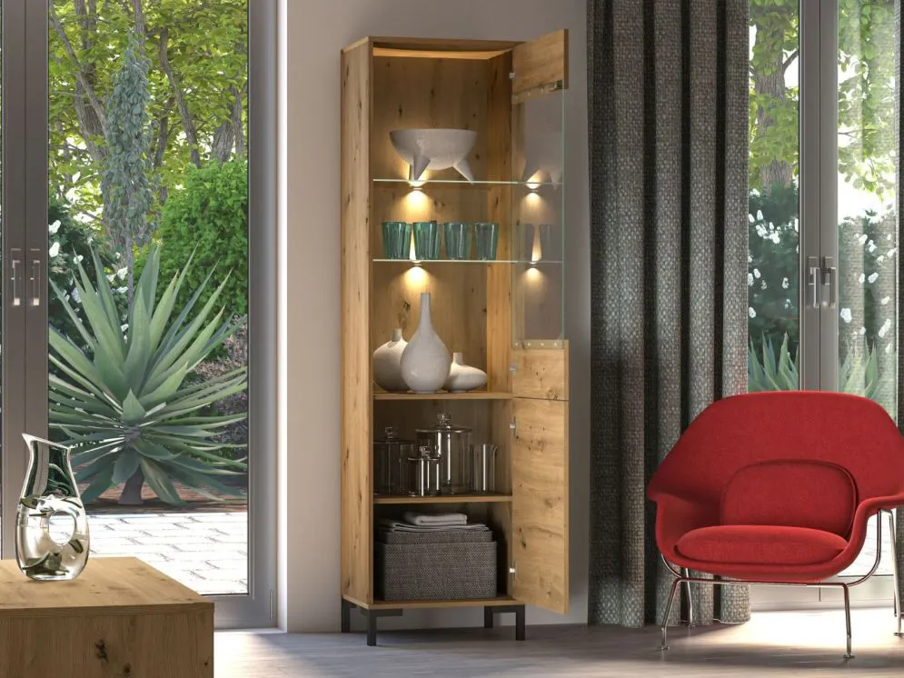 Witryna wysoka NIKOLA dąb artisan do salonu I sklep meblowy MIRAT. styl LOFT kolekcja NIKOLA