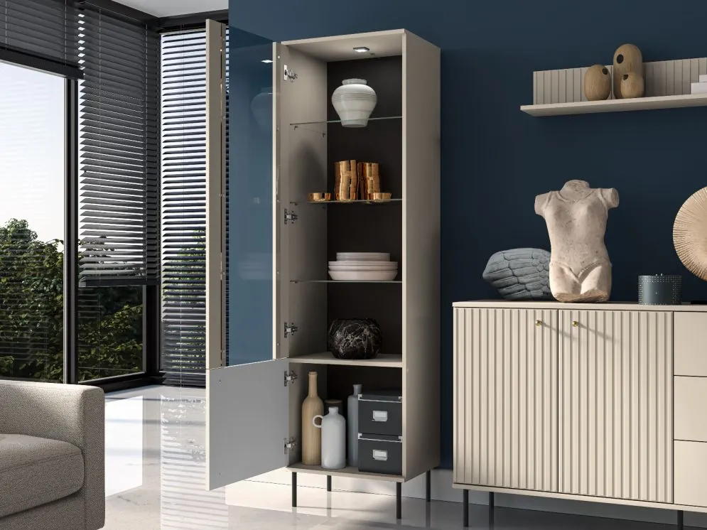 Witryna wysoka ELLEN kaszmir z podświetleniem LED I sklep meblowy MIRAT. styl GLAMOUR, RYFLOWANY