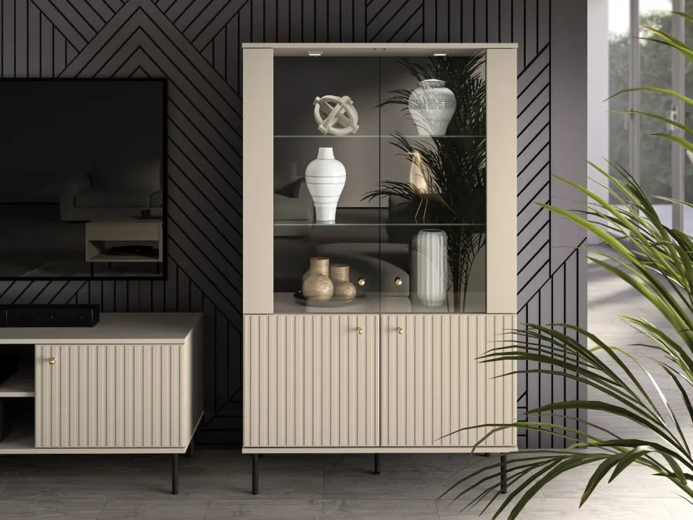 Witryna niska ELLEN kaszmir na metalowych nogach I sklep meblowy MIRAT. styl GLAMOUR, RYFLOWANY